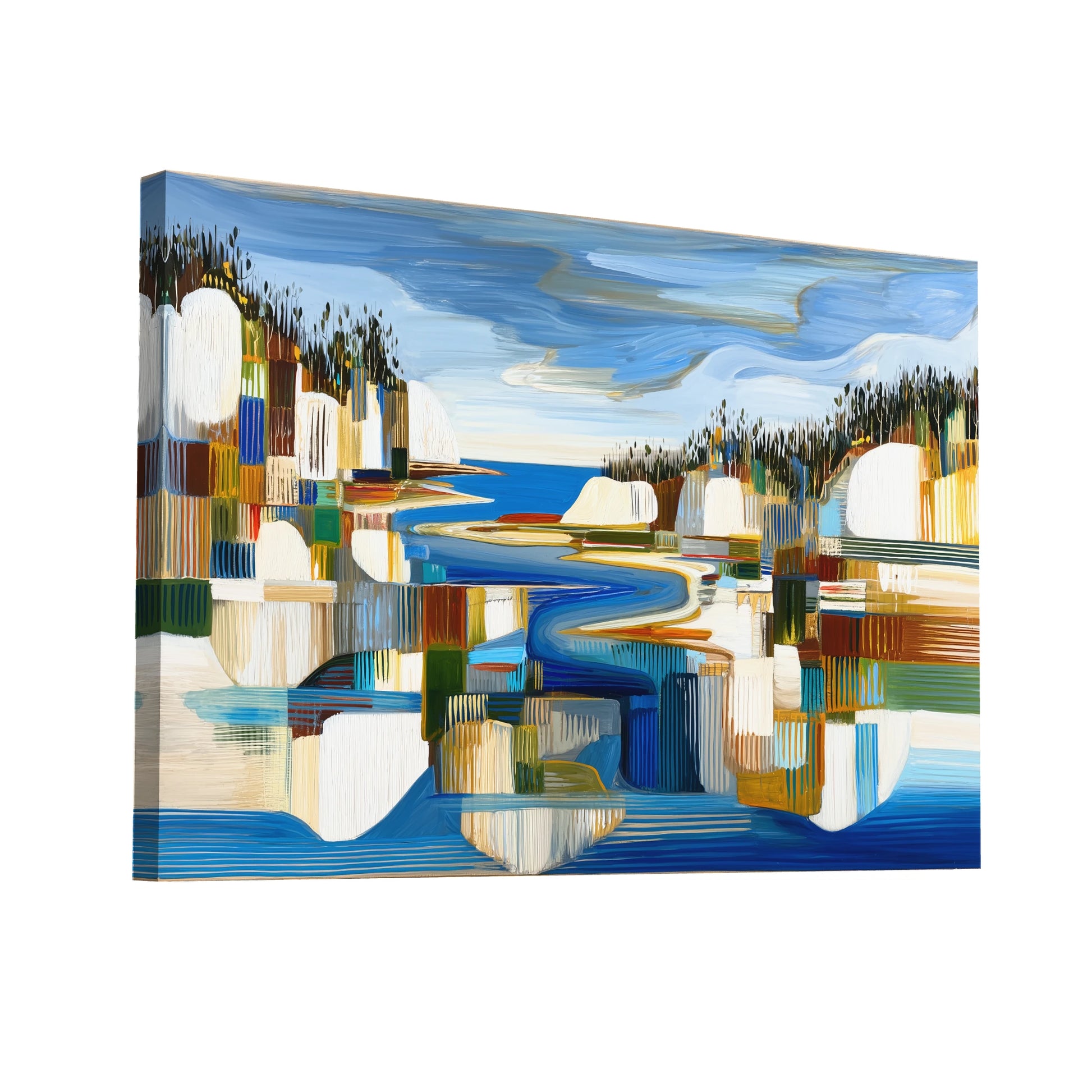 Product Hero 3D WebP Toile Fjord boréal mosaïque – rivages cobalt et pins verticaux - Art Virtuoso