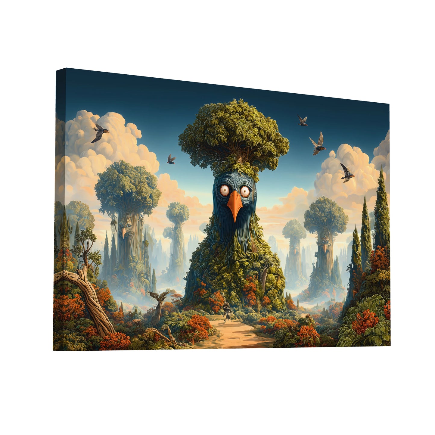 Product Hero 3D WebP Toile surréaliste - La Forêt des Totems Oiseaux - Art Virtuoso