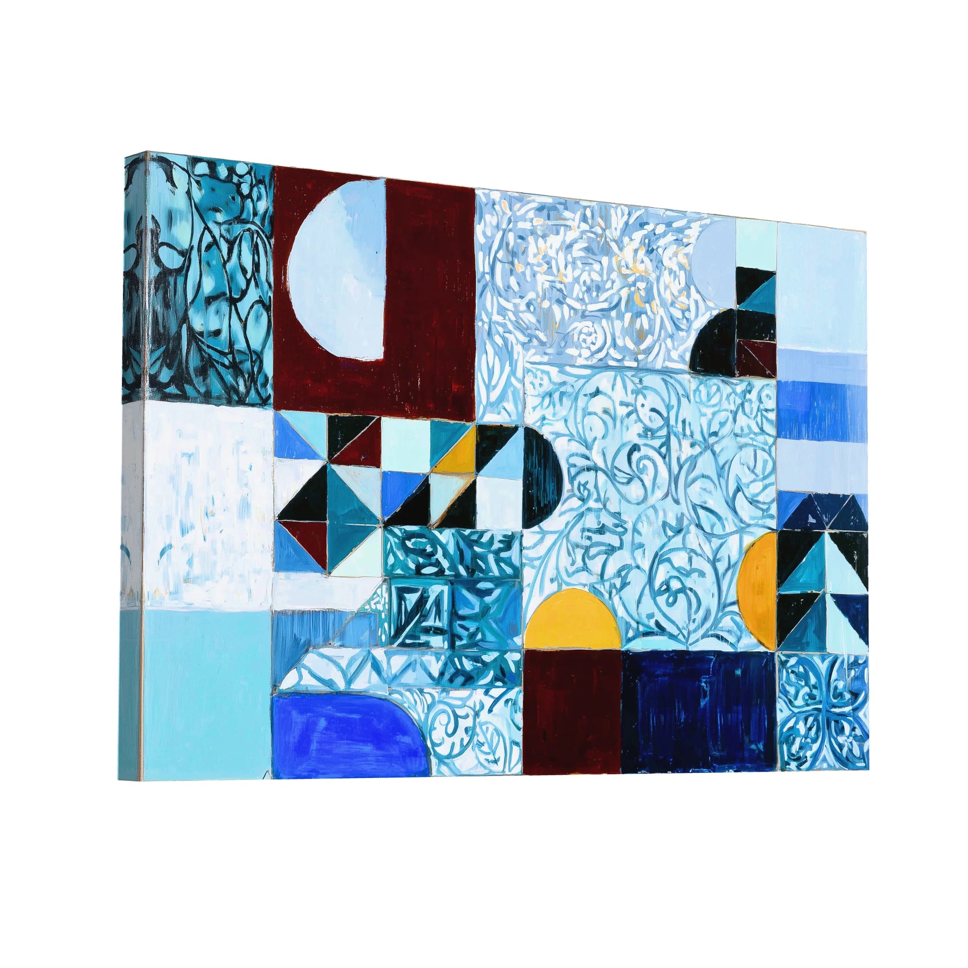 Product Hero 3D WebP Toile Mosaïque nordique arabesque – carreaux d’azur et demi-lunes ocre - Art Virtuoso