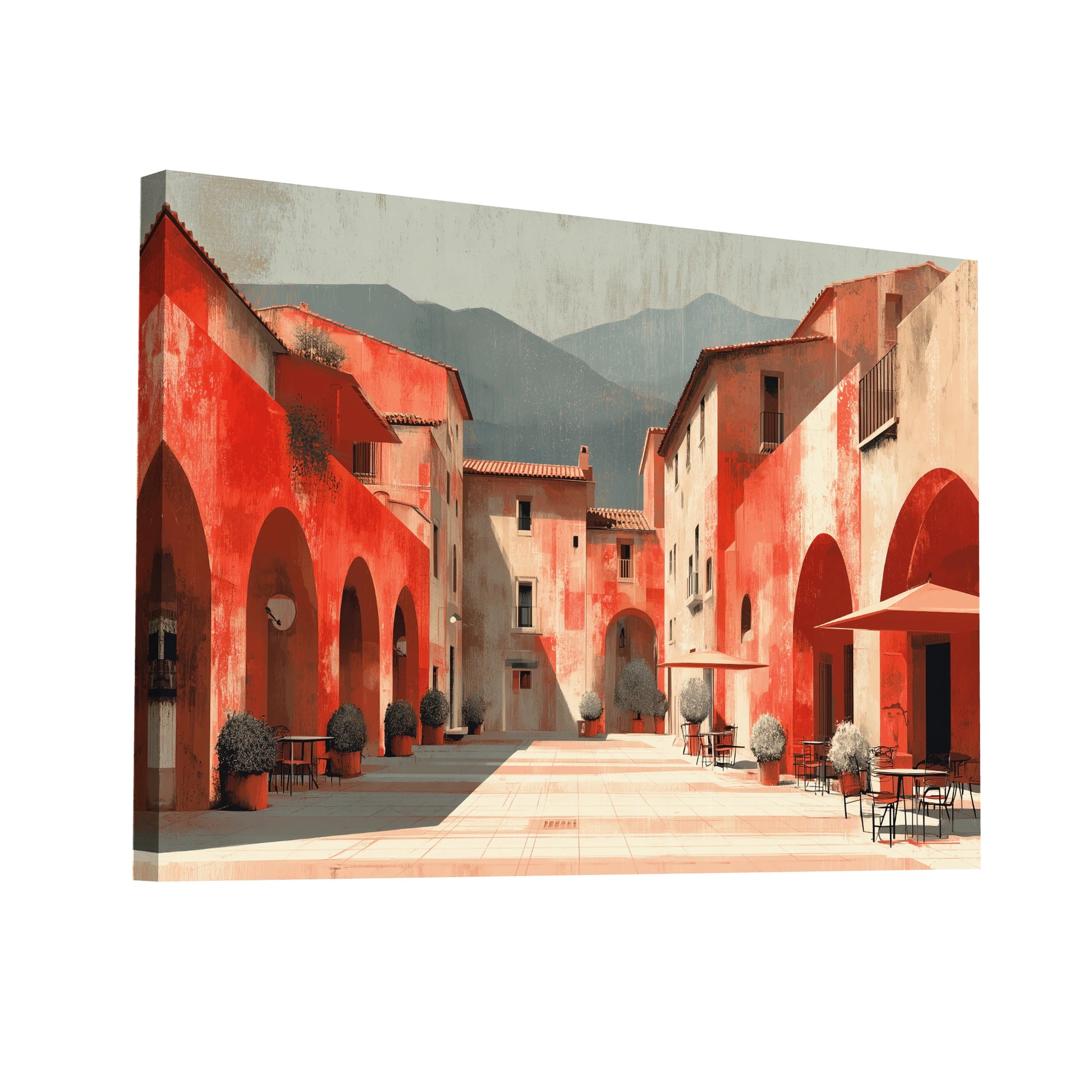 Product Hero 3D WebP Toile Place Méditerranéenne aux Arcades Terracotta – Lueur solaire sur la piazza endormie - Art Virtuoso