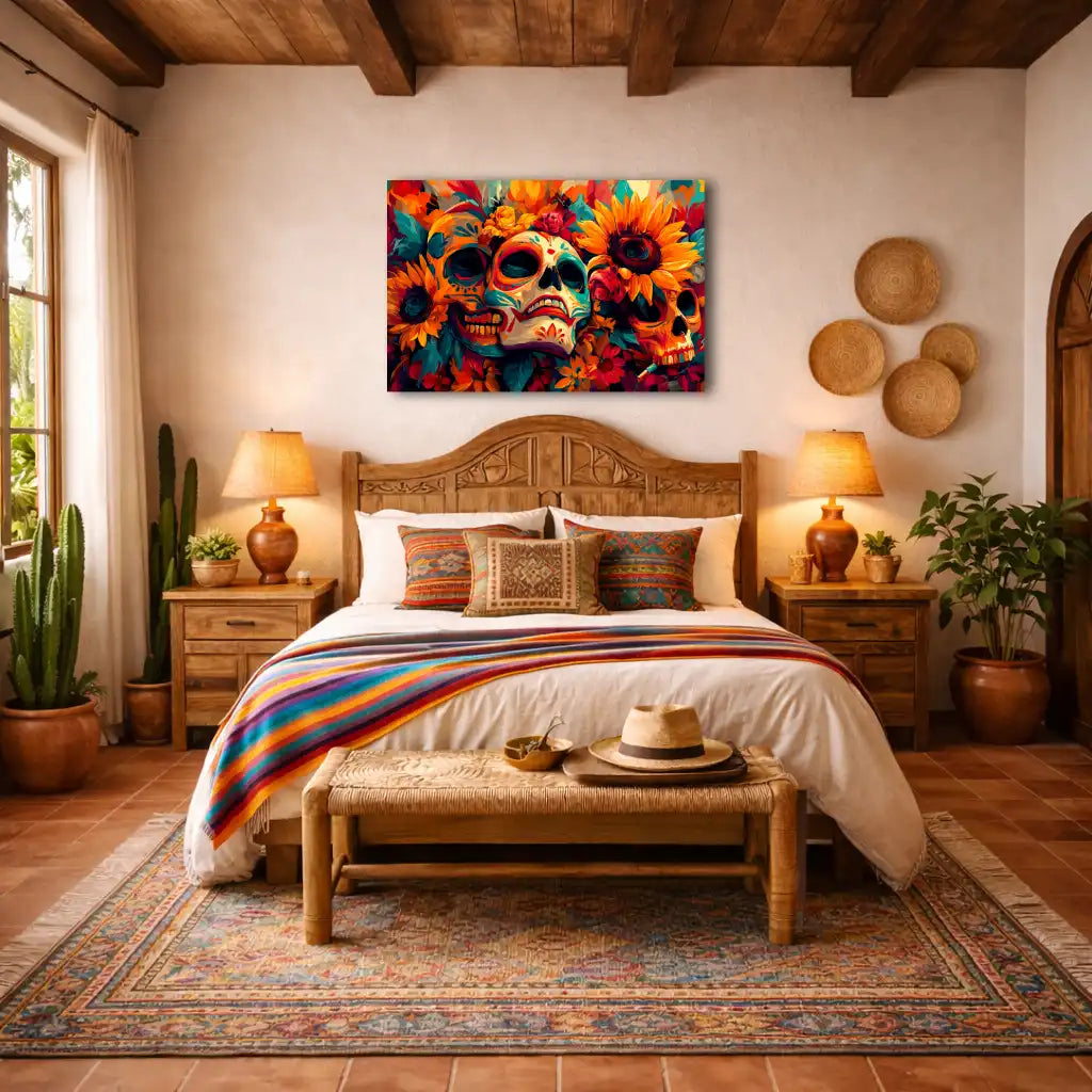 Boho Muerte – Florale Calaveras im mexikanischen Boho-Stil – Leinwand