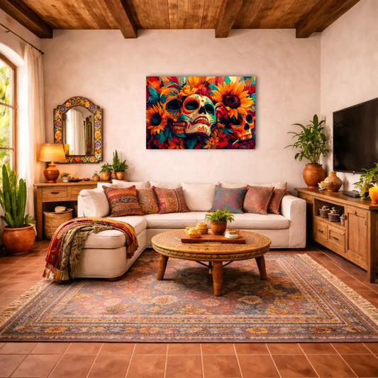 Toile Boho Muerte – Calaveras Florales et Esprit Bohème Mexicain