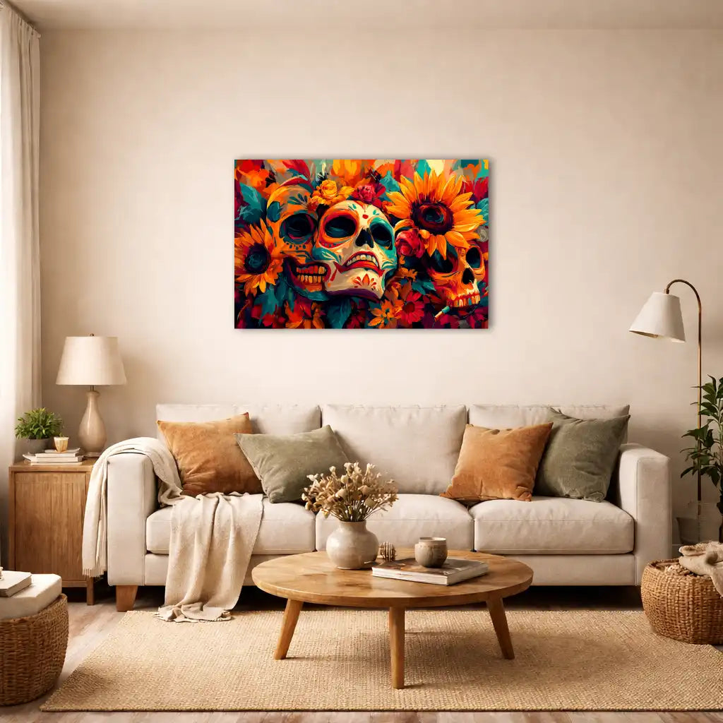 Boho Muerte – Florale Calaveras im mexikanischen Boho-Stil – Leinwand