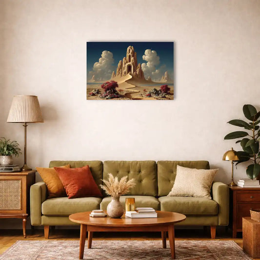 Toile art surréaliste - temple organique au milieu des dunes