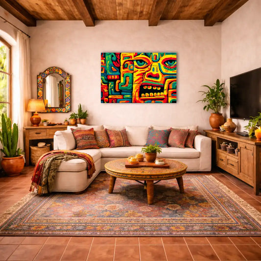 Toile Décoration Murale Mexicaine – Visage Calavera Graphique et Couleurs Solaires