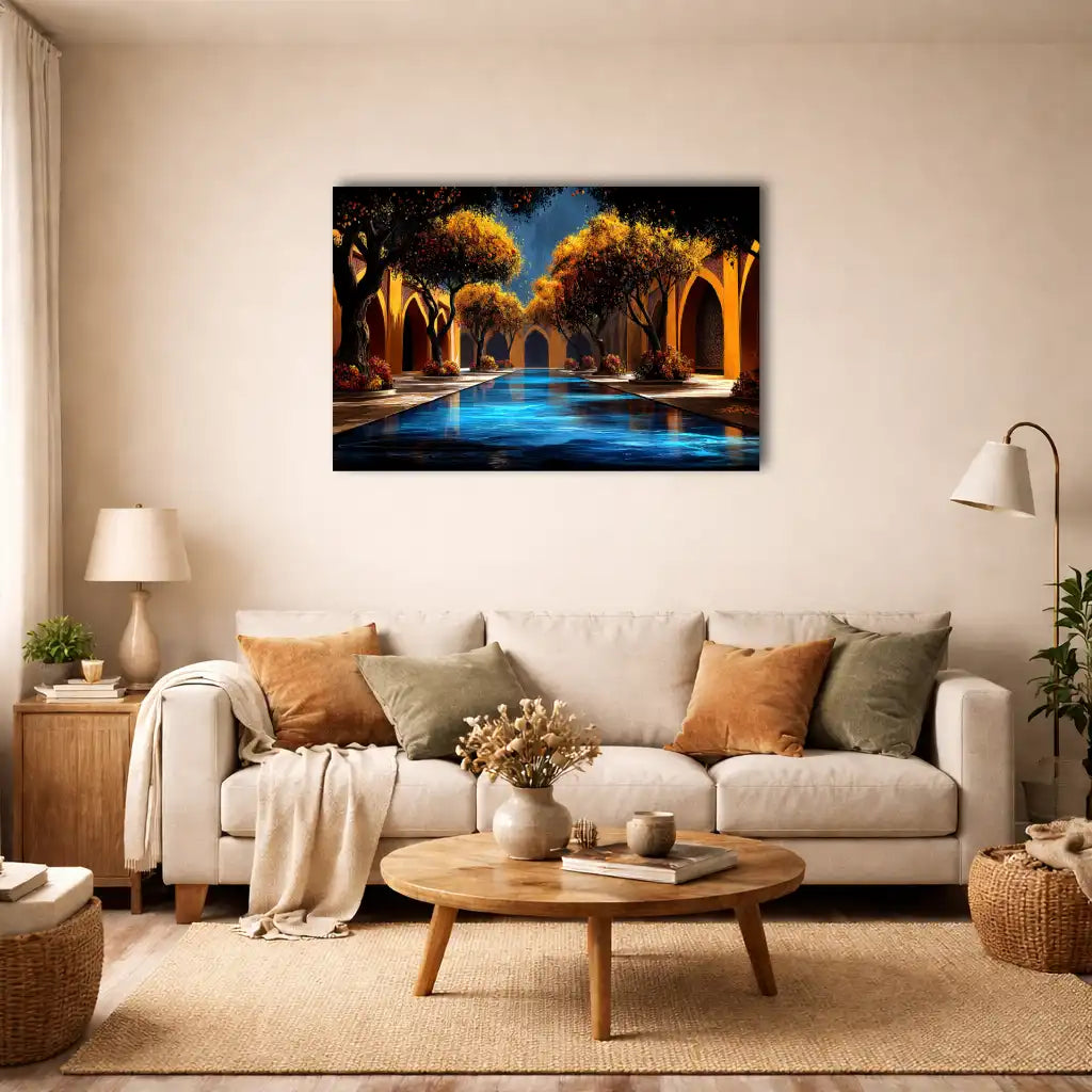 Afrikanische Leinwand – Orangenpatio mit azurblauem Becken – Wandbild