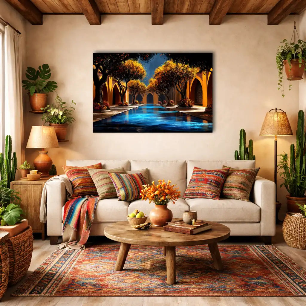 Afrikanische Leinwand – Orangenpatio mit azurblauem Becken – Wandbild