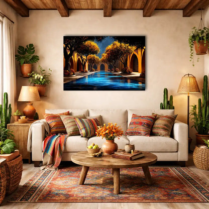 Afrikanische Leinwand – Orangenpatio mit azurblauem Becken – Wandbild