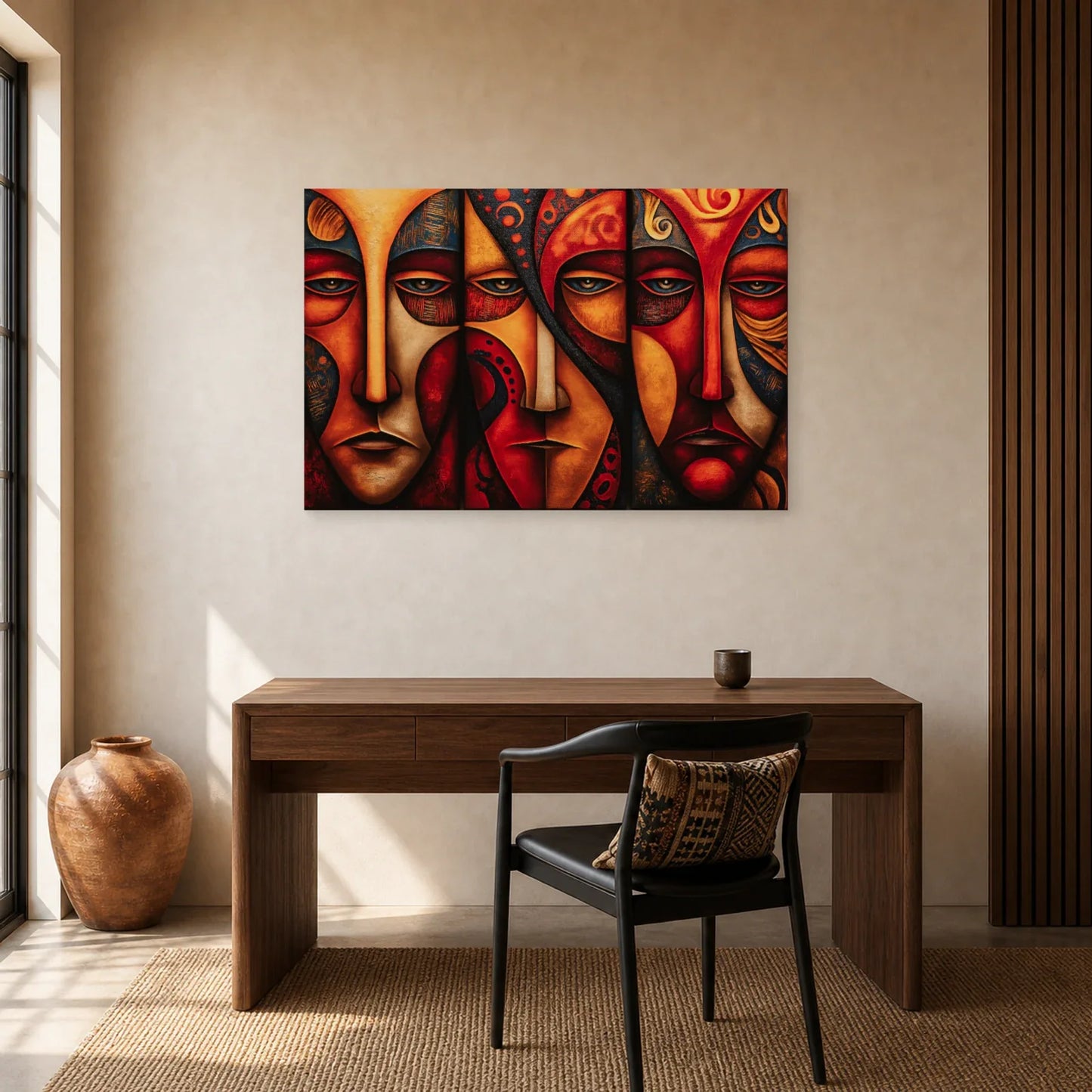 Triptyque Masque Africain Moderne dans un bureau - Art Virtuoso