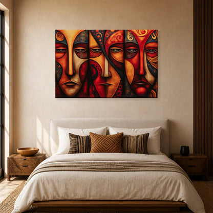 Triptyque Masque Africain Moderne dans une chambre - Art Virtuoso