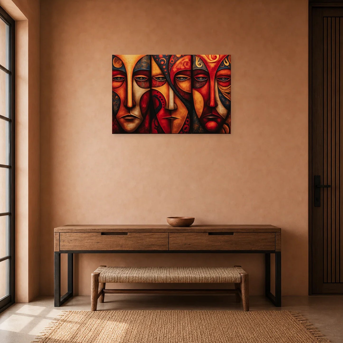 Triptyque Masque Africain Moderne dans une entrée ou un couloir - Art Virtuoso