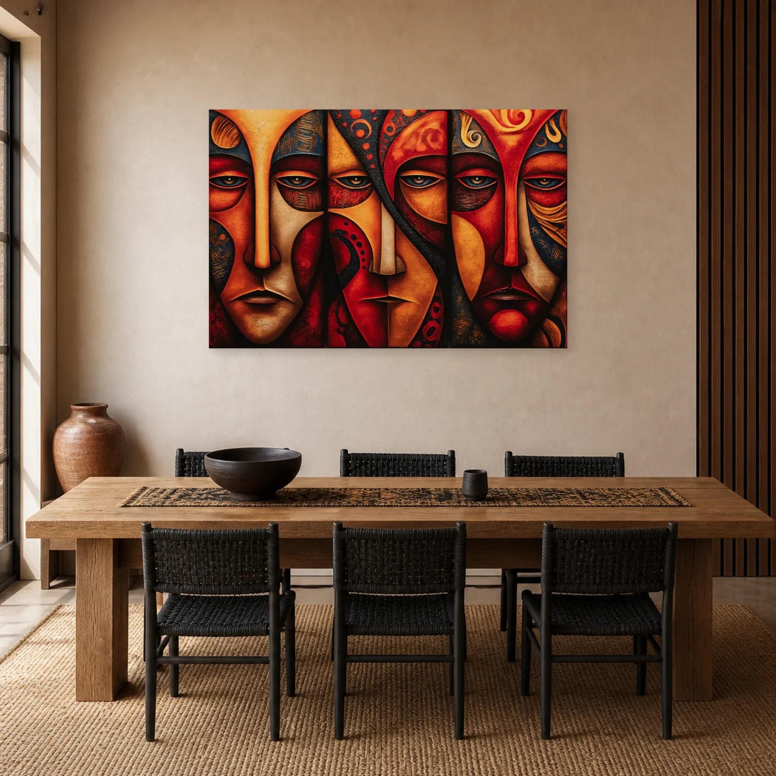 Triptyque Masque Africain Moderne dans une salle à manger - Art Virtuoso