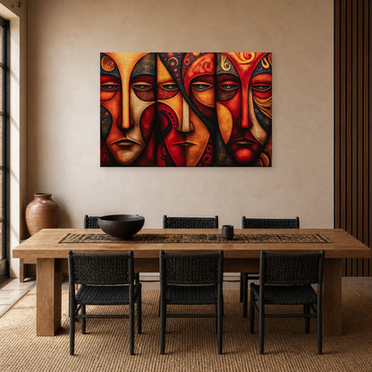 Triptyque Masque Africain Moderne dans une salle à manger - Art Virtuoso