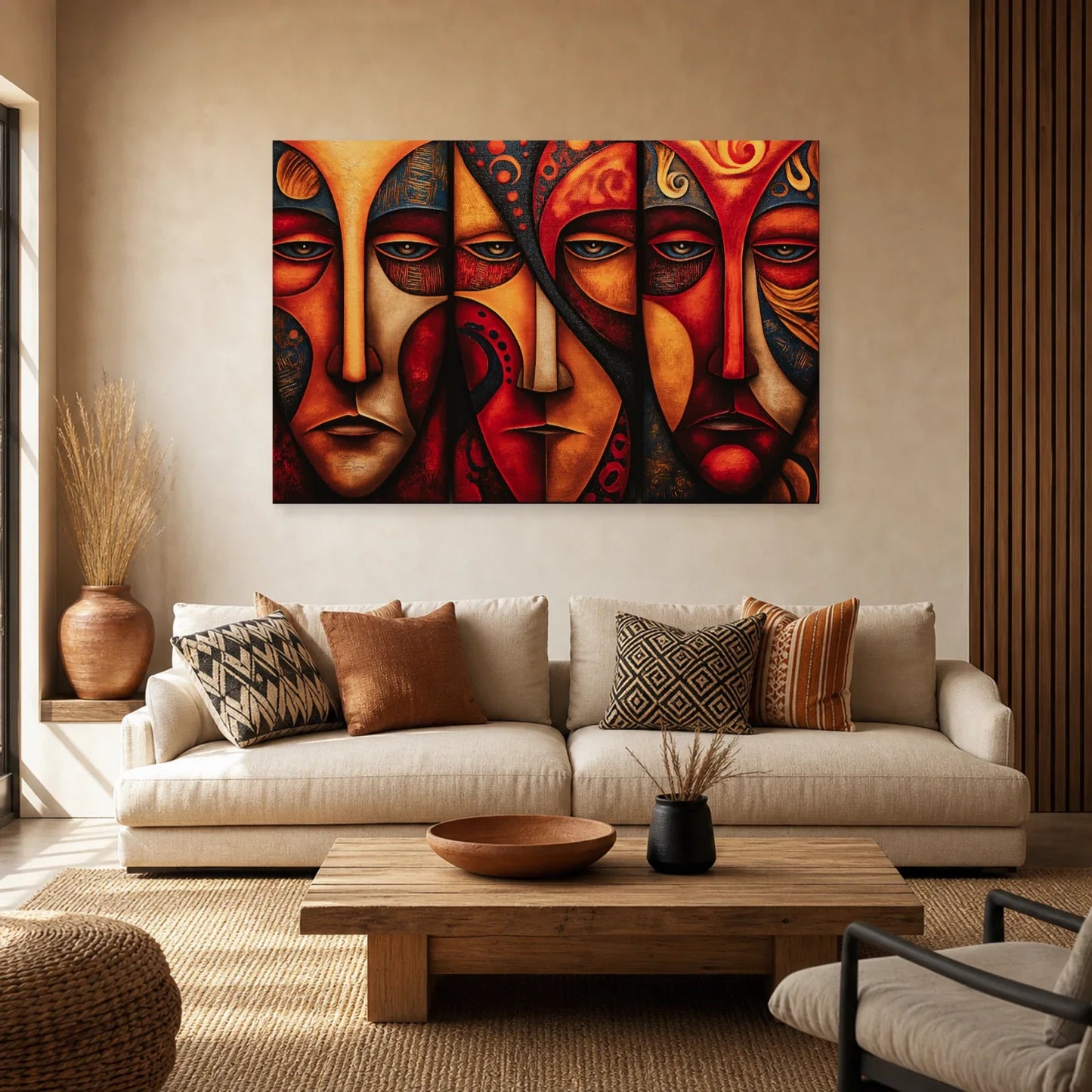 Triptyque Masque Africain Moderne dans un salon - Art Virtuoso