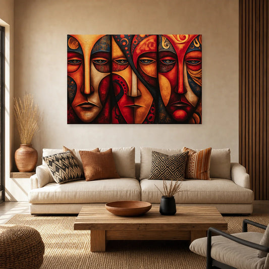 Triptyque Masque Africain Moderne dans un salon - Art Virtuoso